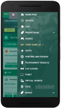 BetWinner mobile menu for Android