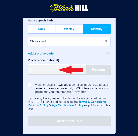 Bonus code field of William Hill