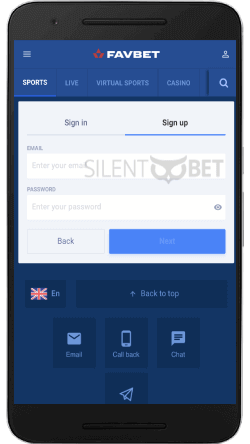 Registration at Favbet mobile for Android