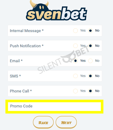 promo code field to enter svenbet bonus code