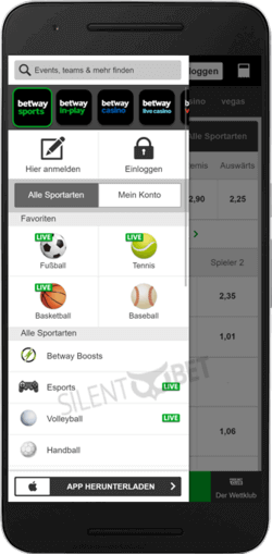 betway android applikation navigation