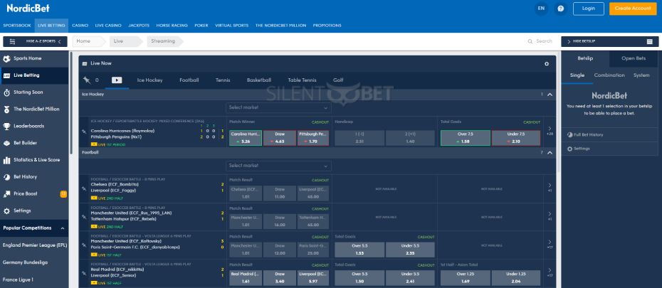 NordicBet live betting page