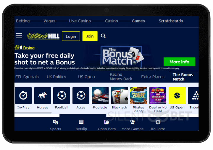 William Hill mobile version thru tablet