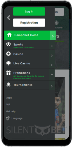 CampoBet mobile menu thru Android