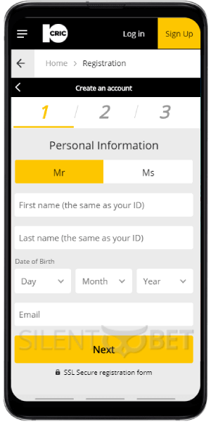 10CRIC Mobile Registration steps