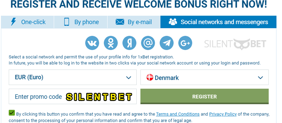 registration in 1xbet by social networks