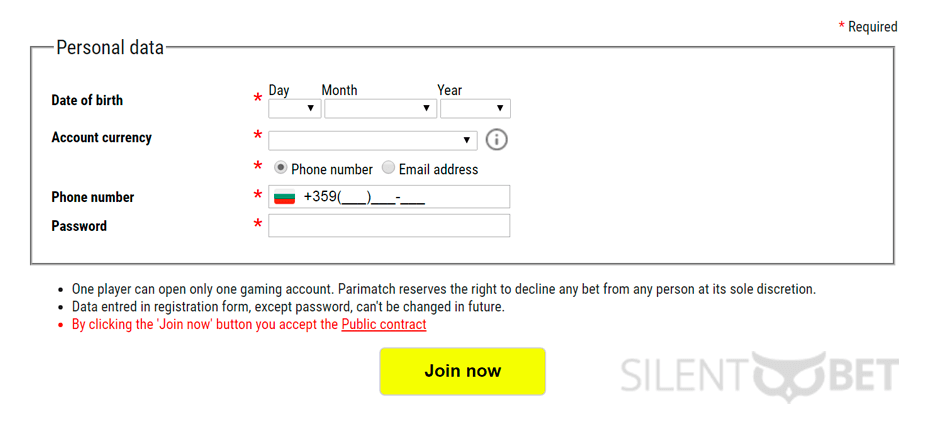 Parimatch registration form