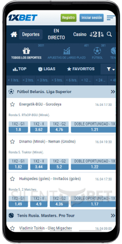 Sección de deportes en la aplicación de Android 1xBet