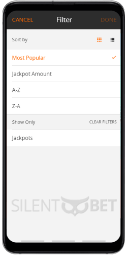 Games Filter in Betsson Casino Android app