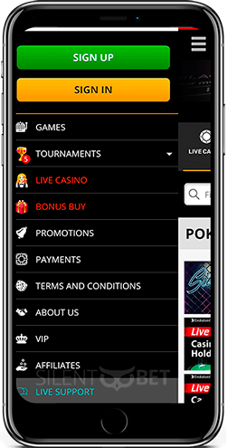 Playamo mobile casino menu for iOS