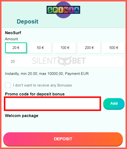 Spinia Bonus Code Enter