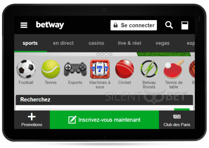 Version mobile Betway sur tablette