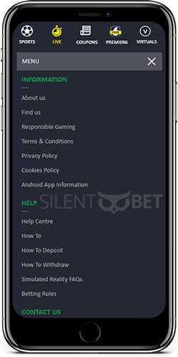 PremierBet Mobile Menu