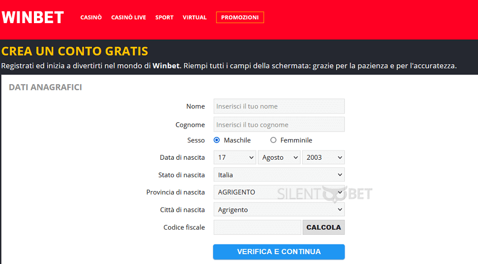 Modulo di iscrizione a Winbet Italia