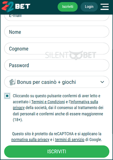 codice bonus 22bet inserisci