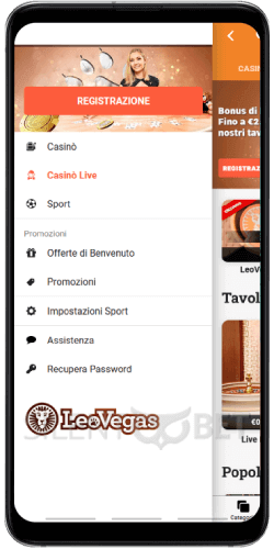 Menu mobile LeoVegas su Android