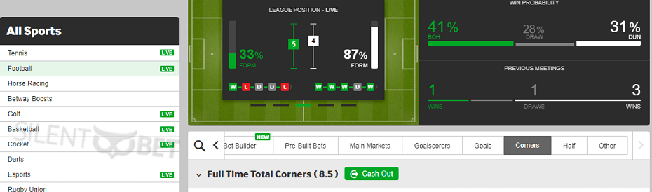 placing corner bets on betway