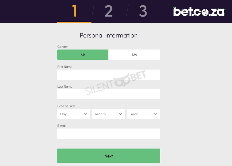 bet.co.za registration form step 1, personal information